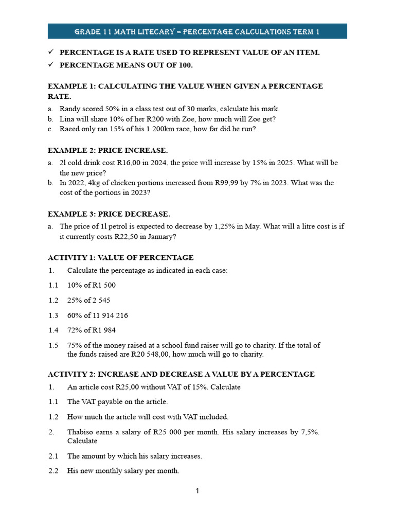 Grade 11 Percentage Calculations Guide | PDF | Value Added Tax | Prices
