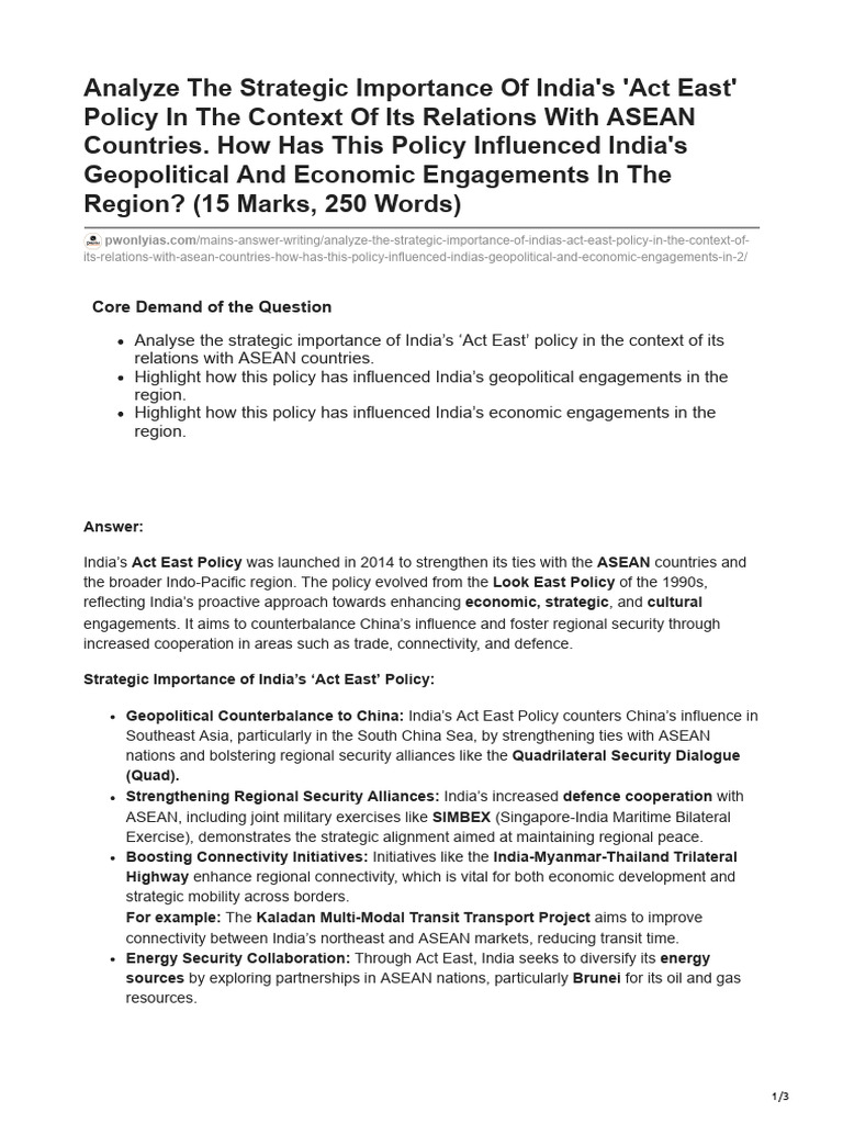 Analyze The Strategic Importance of Indias Act East Policy in The ...