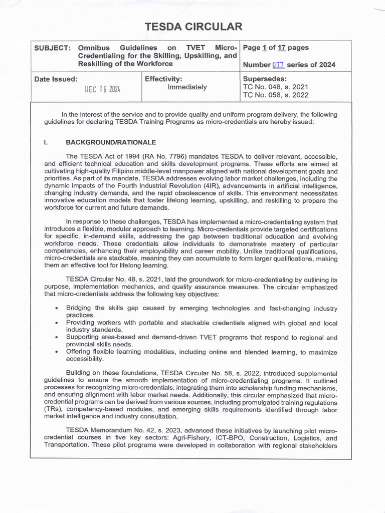 TESDA Micro-Credentialing Guidelines 2024 | PDF | Learning