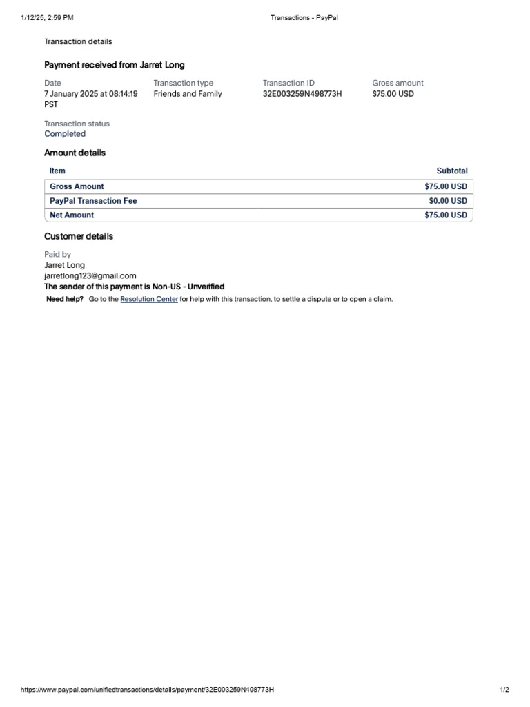 PayPal Transaction Details for Jarret Long | PDF