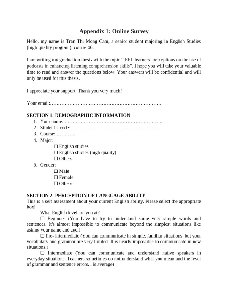 appendix 1 - online survey | PDF | English Language | Accent ...
