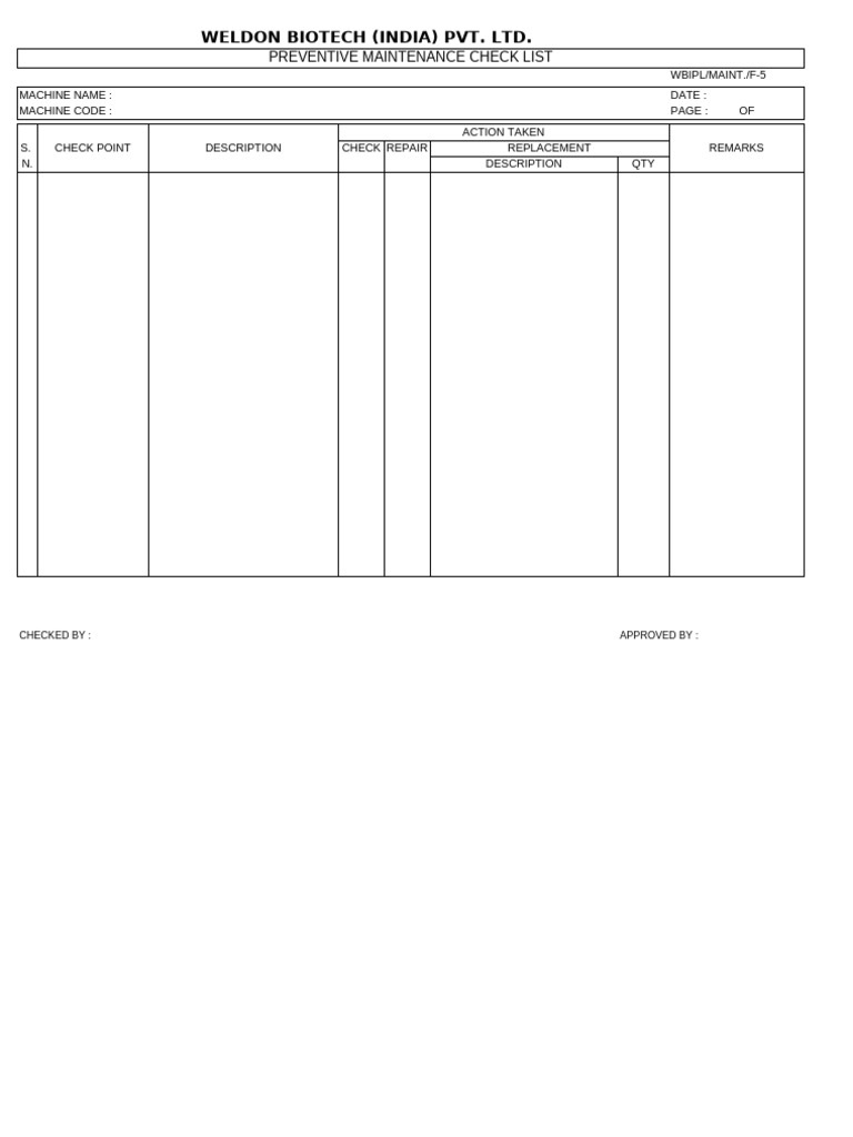 Weldon Biotech Preventive Maintenance Checklist | PDF