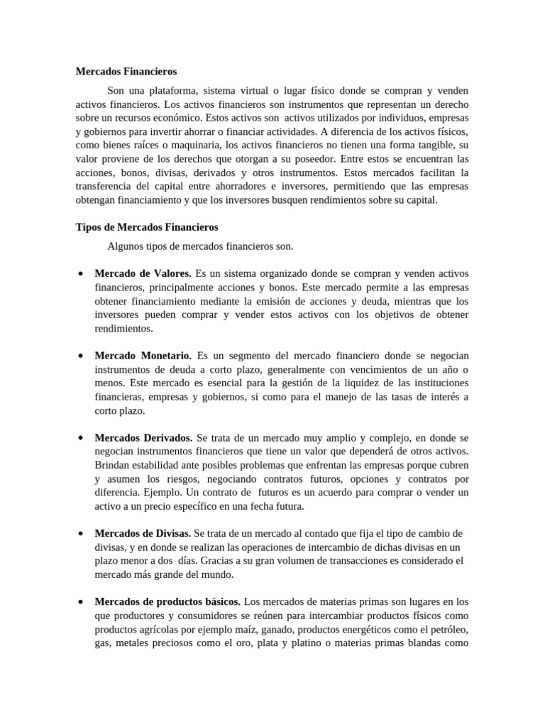 Tipos y características de mercados financieros | PDF | Mercado ...
