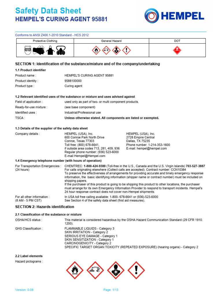 Hempel's Curing Agent 95881 Safety Data Sheet | PDF | Occupational ...