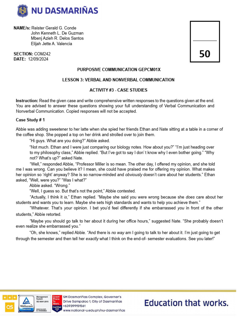 LESSON 3 & 4 - ACTIVITY | PDF | Nonverbal Communication | Communication