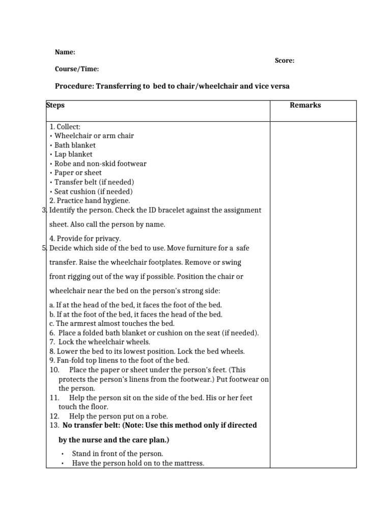 Transferring to bed to chair wheelchair and vice versa PDF