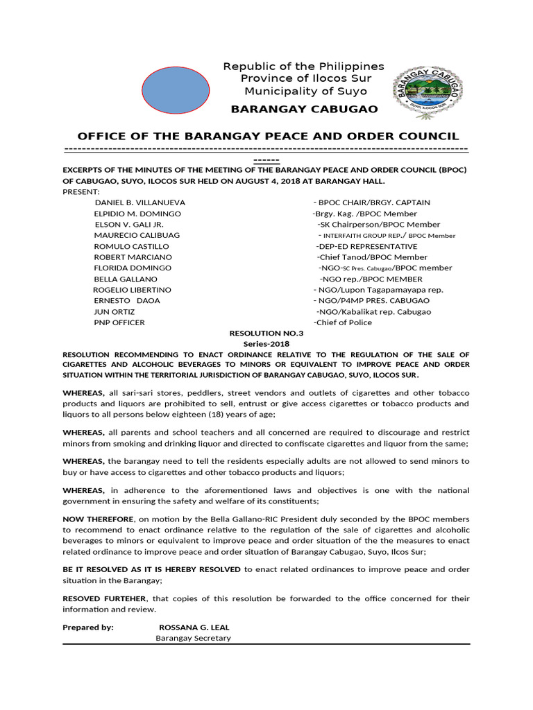 BPOC Resolutions for Cabugao Peace Order | PDF
