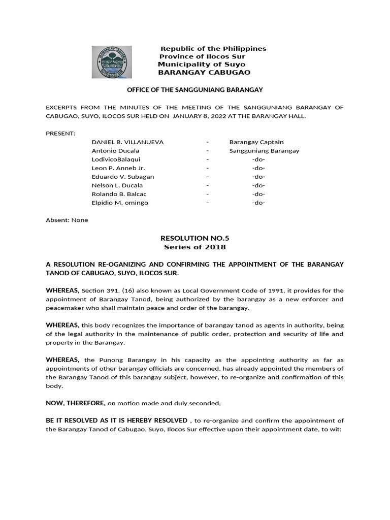 Resolution No. 21 Barangay Tanod New | PDF | Philippines