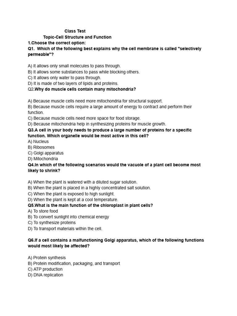 Cell Structure and Function Test Questions | PDF