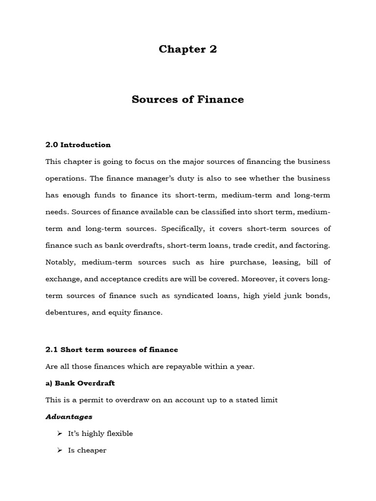 Major Sources of Business Finance | PDF | Debt | Lease