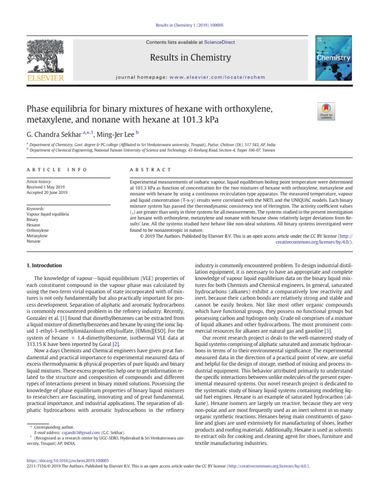 Phase Equilibria of Hexane Mixtures | PDF | Toluene | Applied And ...