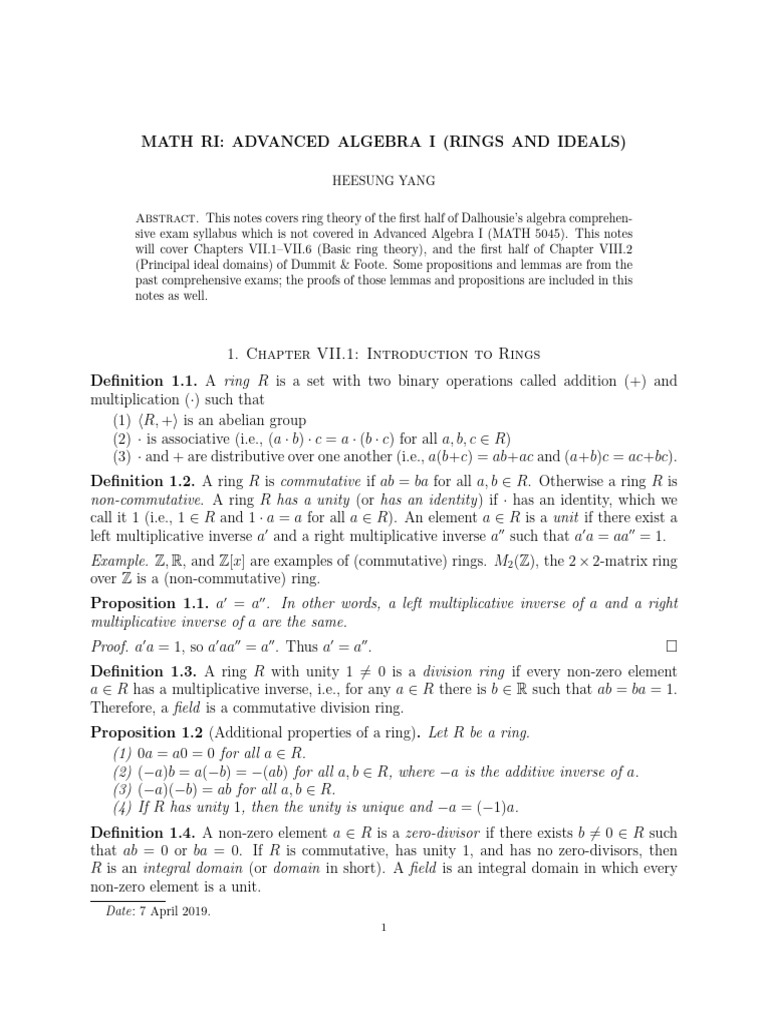 Advanced Algebra: Rings and Ideals Notes | PDF | Ring (Mathematics ...