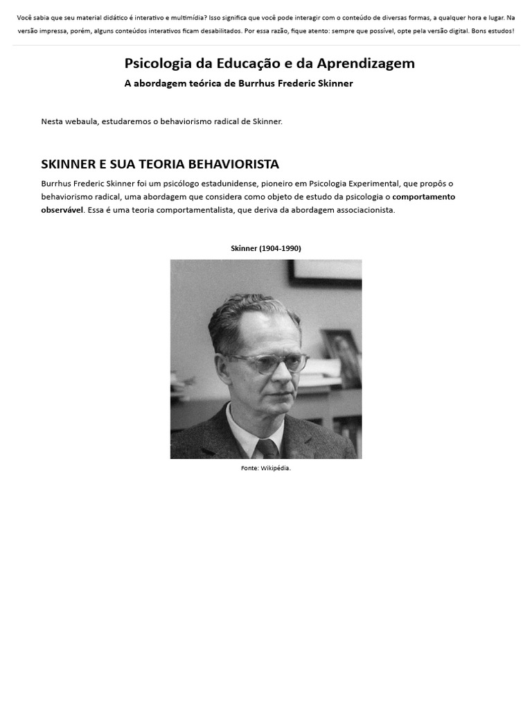 Teoria Behaviorista de Skinner na Educação | PDF | Behaviorismo ...