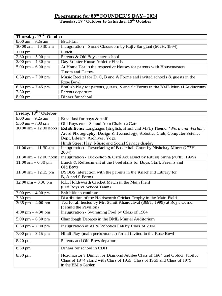 Founder’s Day 2024 Programme Overview | PDF | Meal