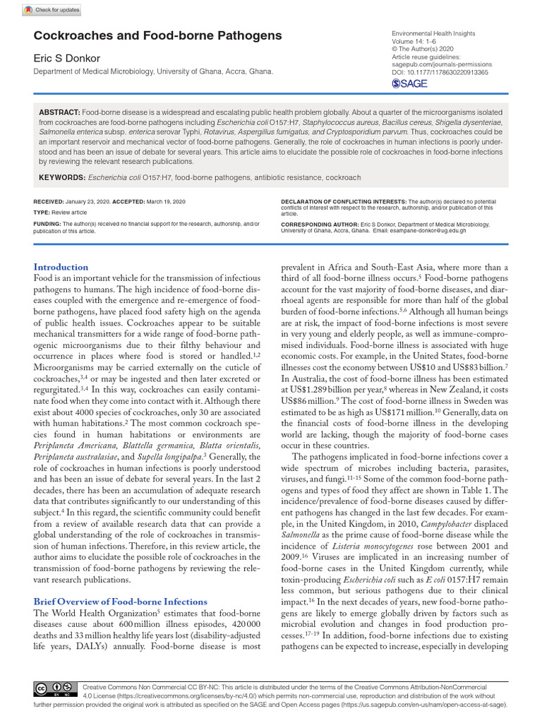 Donkor 2020 Cockroaches and Food Borne Pathogens | PDF | Foodborne ...