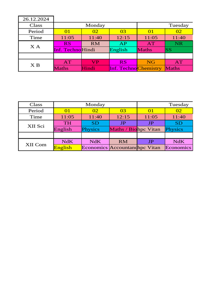 Time Table From 26th December - Zero Period - Classwise | PDF