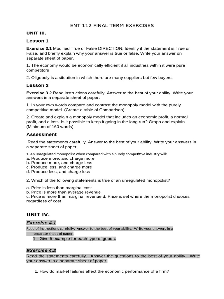 Ent 112 Final Term Exercises | PDF