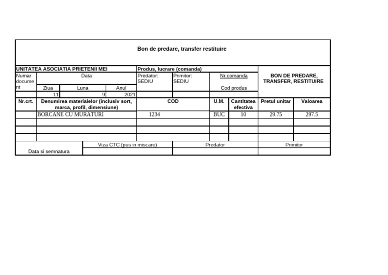 Bon de Predare Transfer Restituire | PDF
