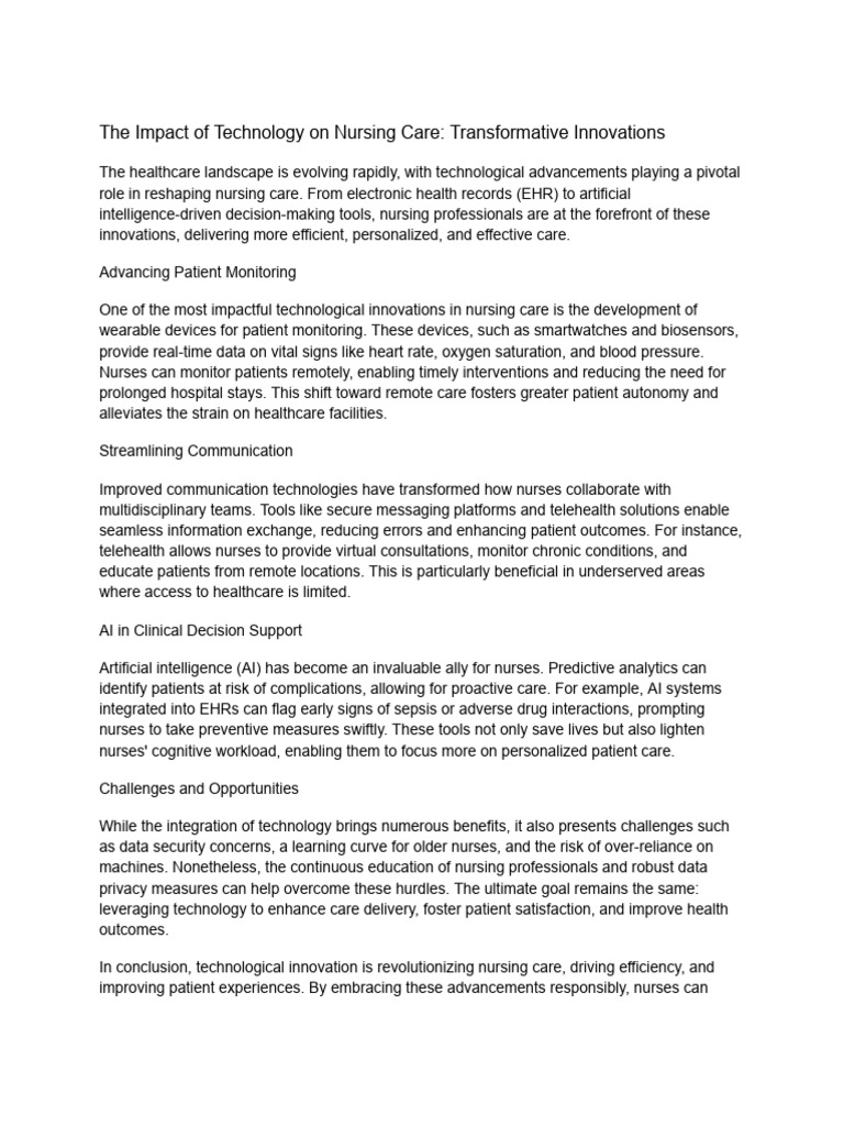 Technology's Role in Nursing Care Evolution | PDF | Electronic Health ...