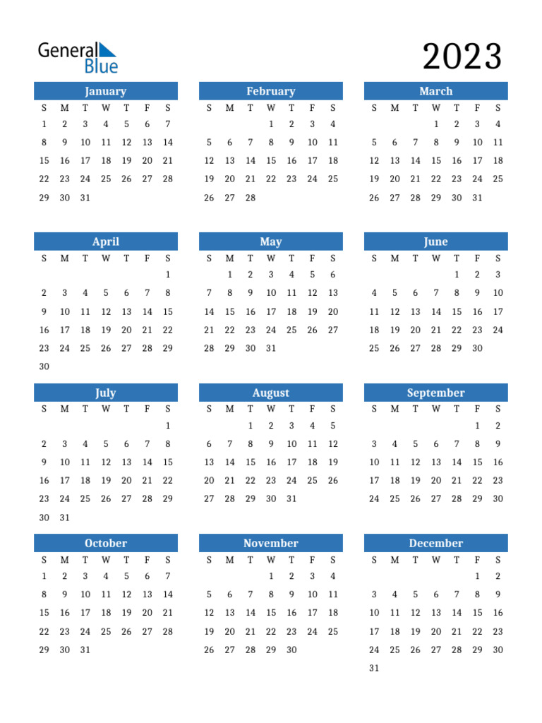 2023 Calendar Portrait Sunday Start | PDF
