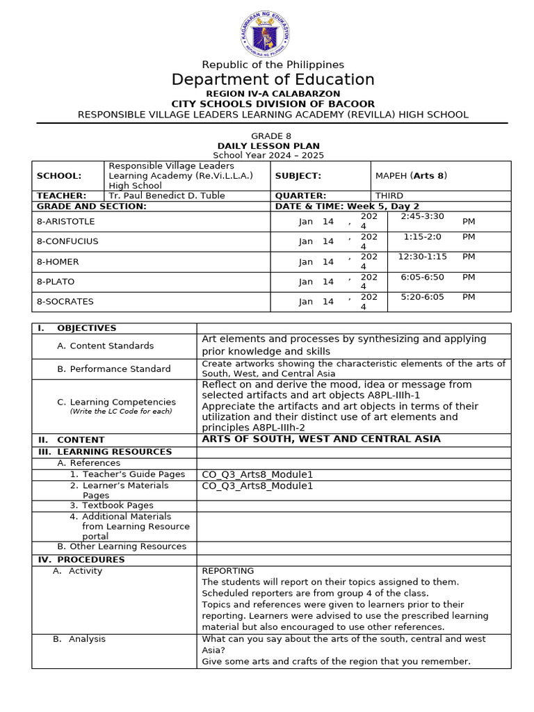 Grade 8 MAPEH Daily Lesson Plan | PDF | Carpet | Mandala