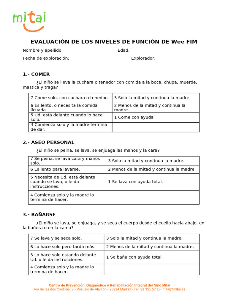 Evaluación Funcional Infantil Wee FIM | PDF