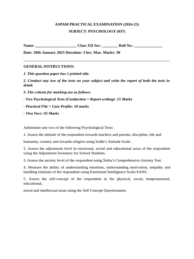 Class XII Psychology Practical Exam 2025 | PDF