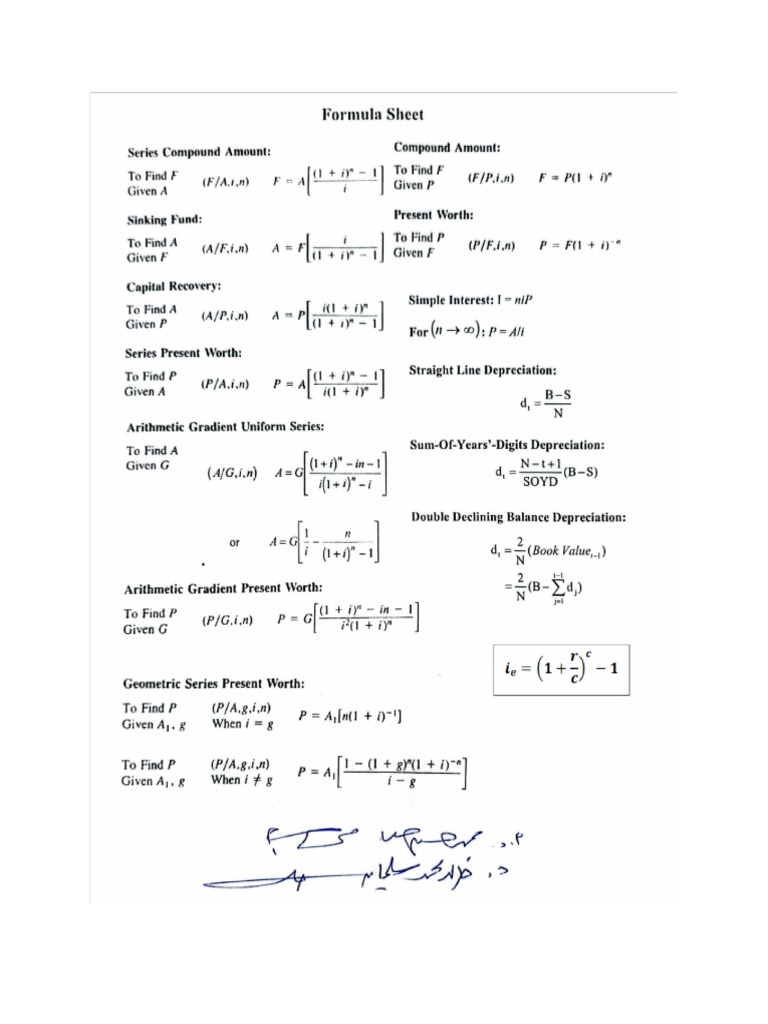 Formula Sheets For Eng Economy PDF | PDF