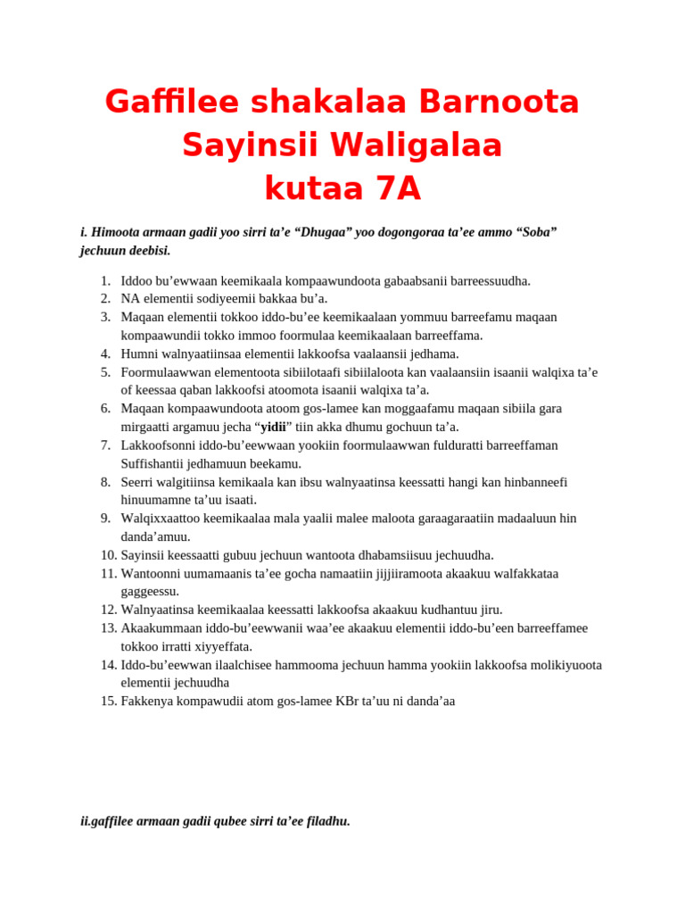 Gaffilee Shakalaa Barnoota Sayinsii Waligalaa Kutaa 7A | PDF