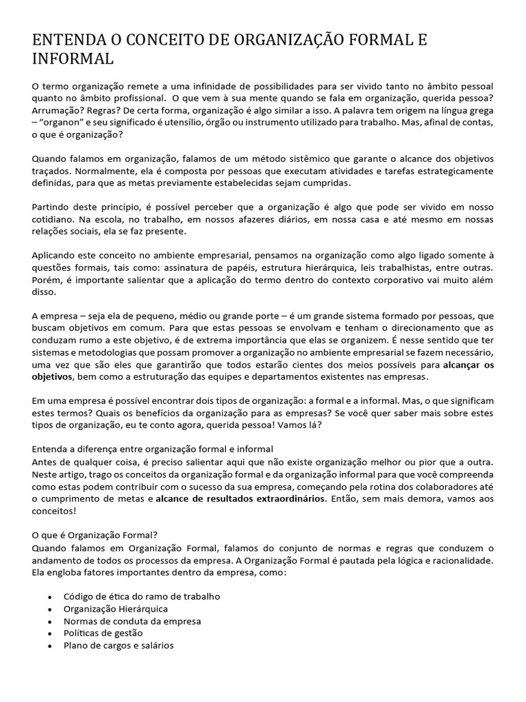 Diferenças entre Organização Formal e Informal | PDF | Cultura ...