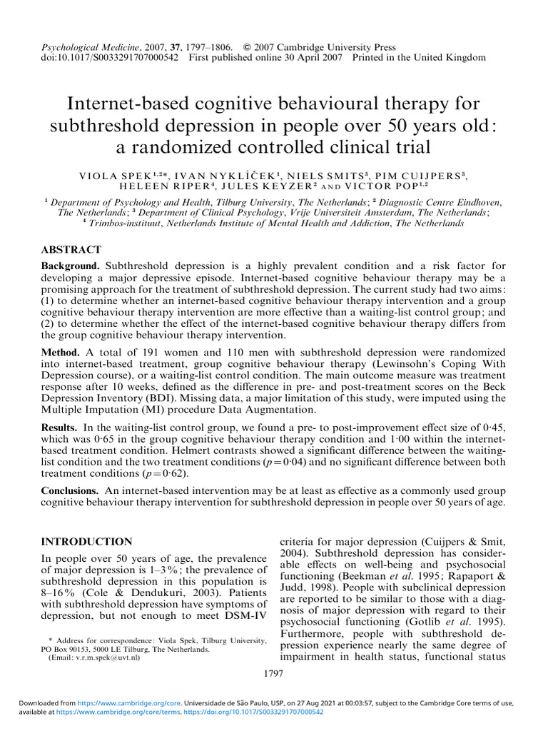 Internet based cognitive behavioural therapy for subthreshold