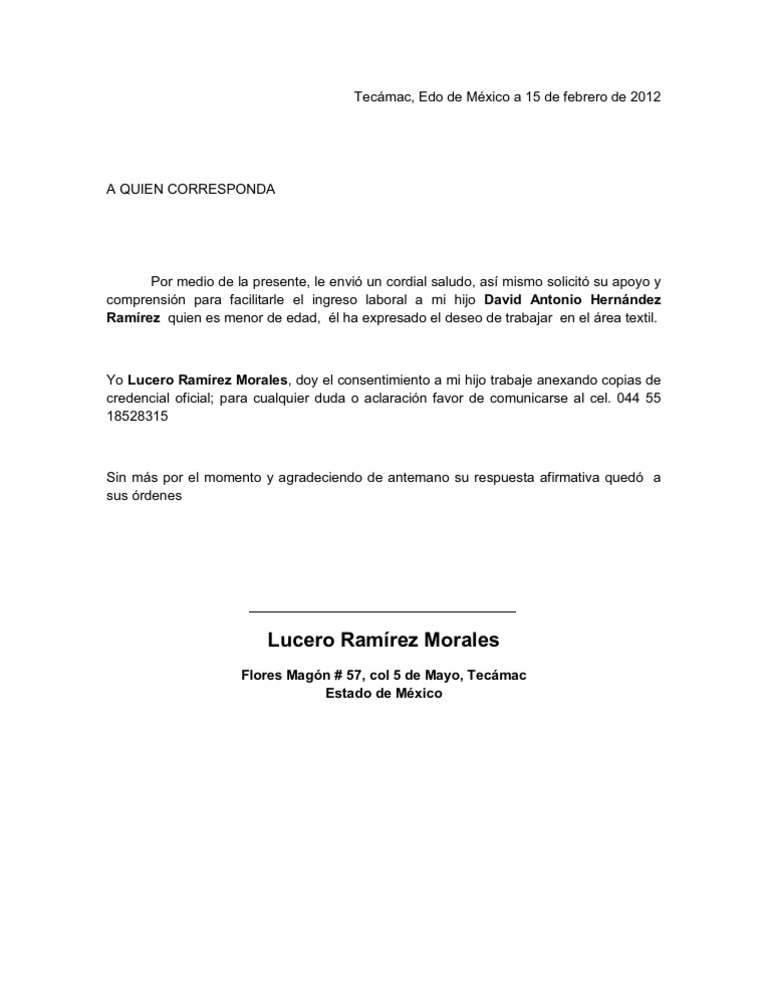 Carta permiso trabajo
