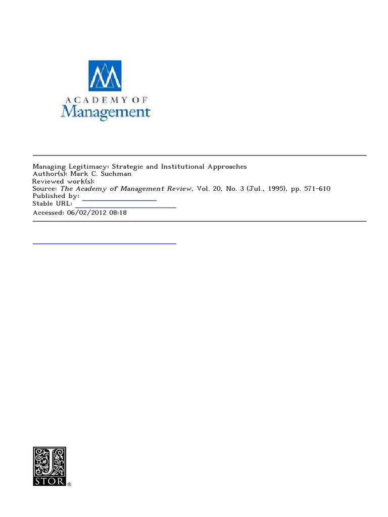 Suchman 1995 - Legitimacy | PDF | Legitimacy (Political) | Max Weber