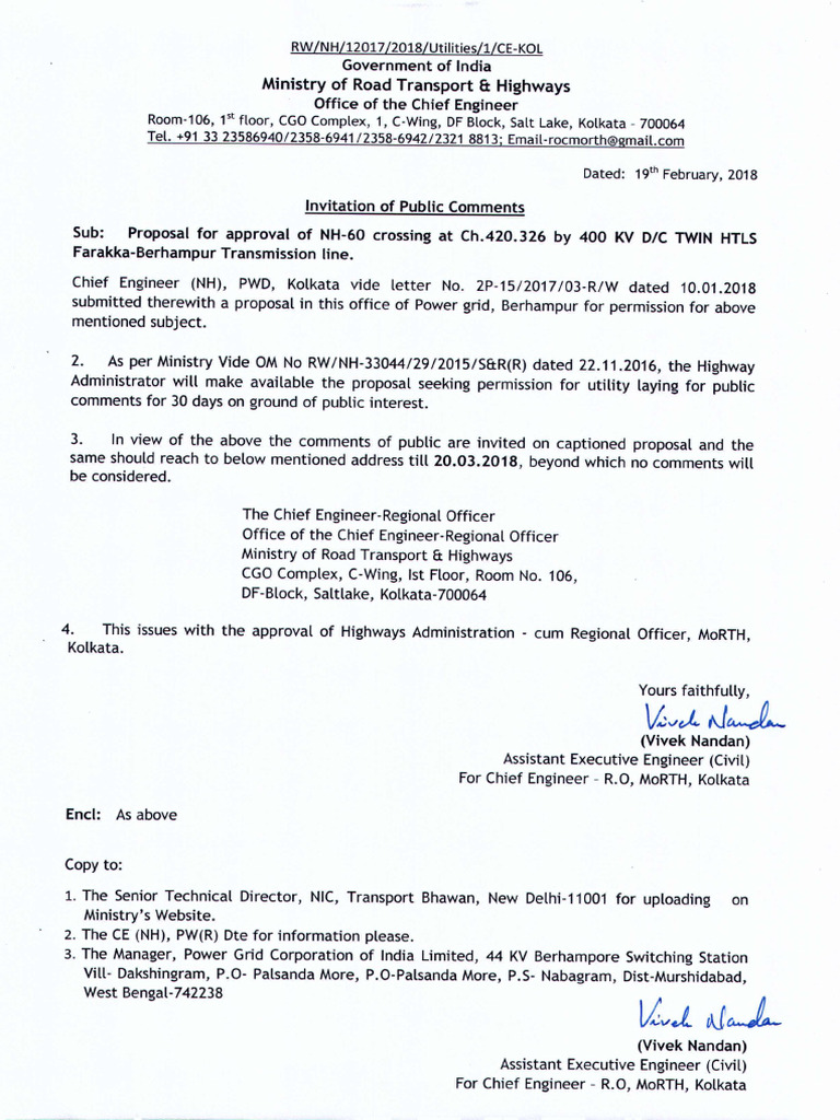 NH-60 Crossing Proposal Comments Invite | PDF | Electricity | Power ...