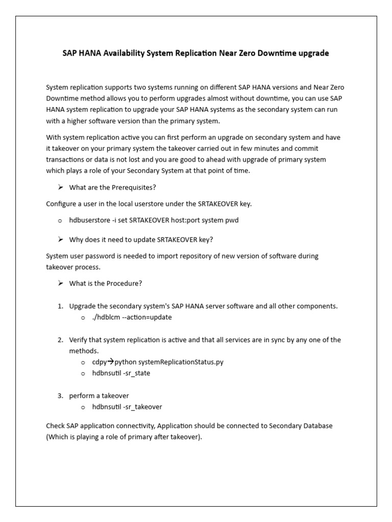 SAP HANA Near Zero Downtime Upgrade Guide | PDF | Replication ...
