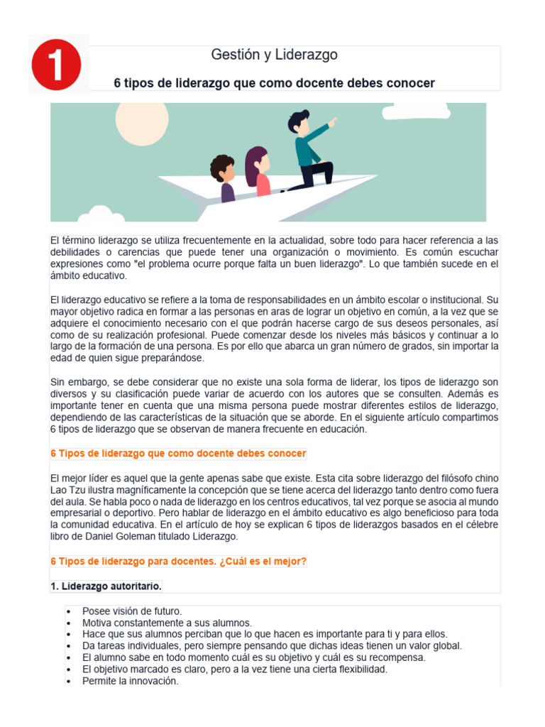 Gestión y Liderazgo Docente - Tipos de Liderazgo | PDF | Liderazgo ...