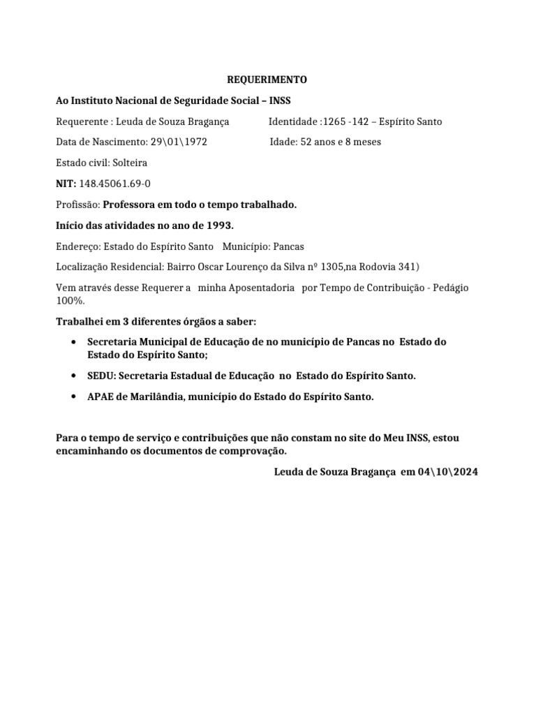 Requerimento de Aposentadoria INSS 100% | PDF
