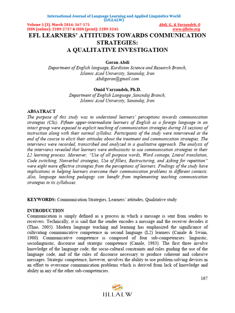 EFL Learners' Attitudes on Communication Strategies | PDF | English As ...