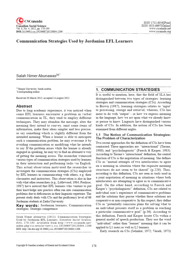 Communication Strategies of Jordanian EFL Learners | PDF | Second ...