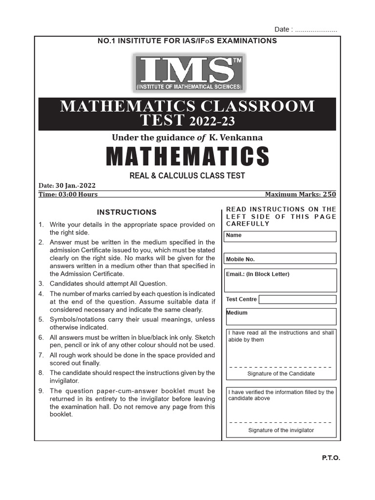 Mathematics Class Test Instructions 2022 | PDF | Mathematical Analysis ...