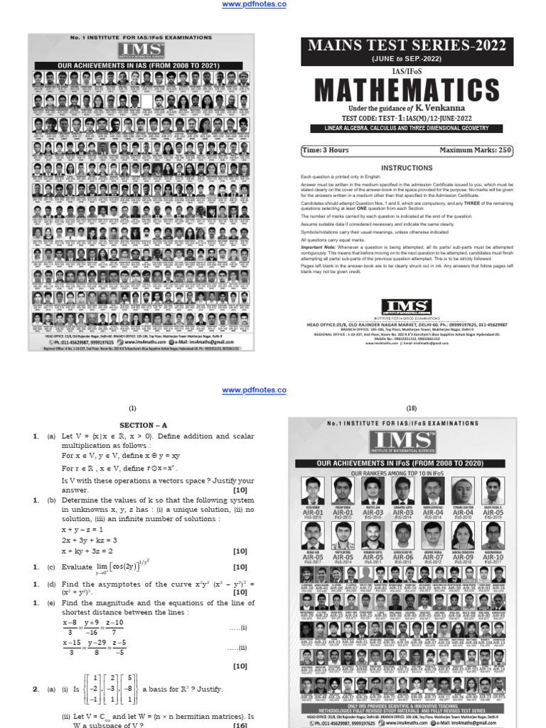 IMS Mathematics Optional Notes 2022 | PDF | Basis (Linear Algebra ...