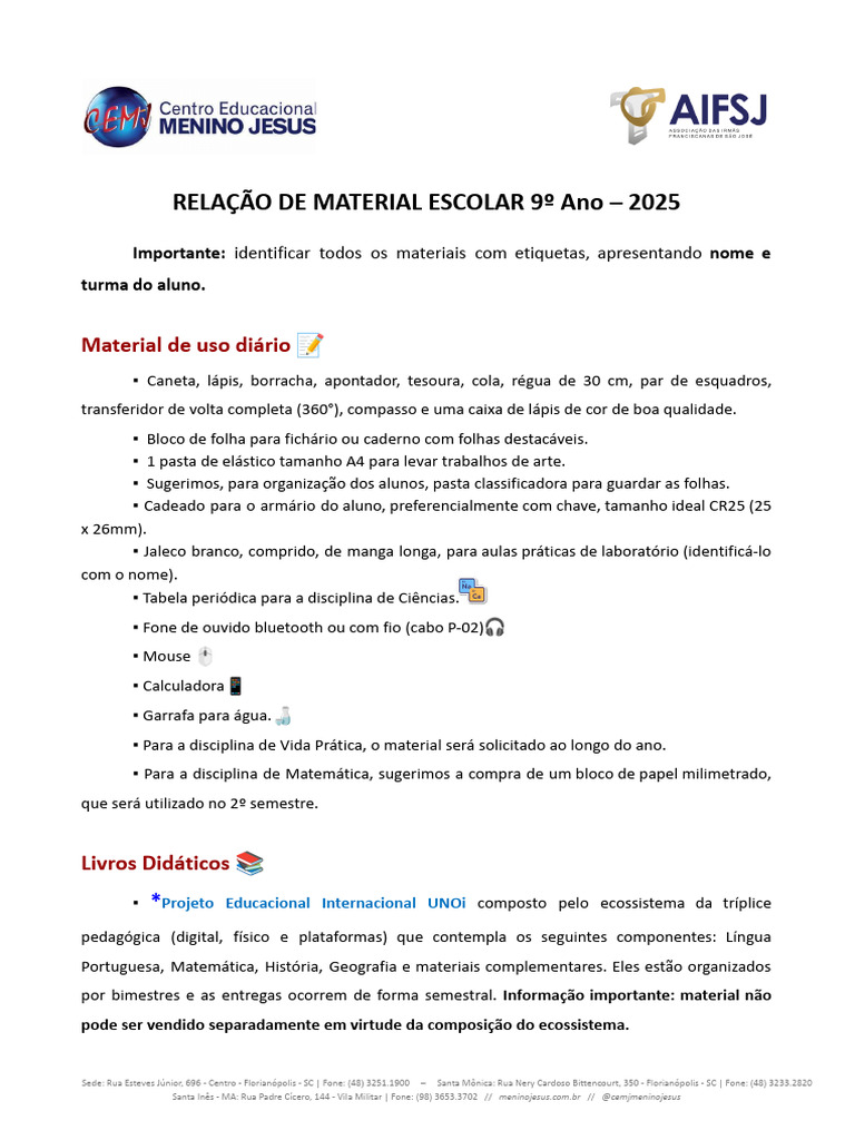 Material Escolar 9º Ano 2025 | PDF