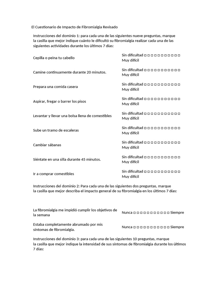 Cuestionario Impacto Fibromialgia Revisado | PDF | Enfermedades y ...