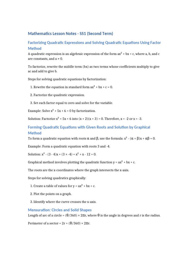 SS1 Second Term Detailed Notes | PDF | Quadratic Equation | Area