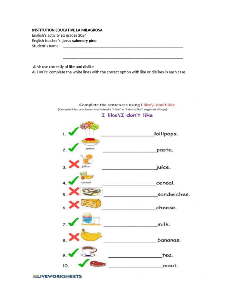 Like/Dislike Activity for 6th Grade English | PDF