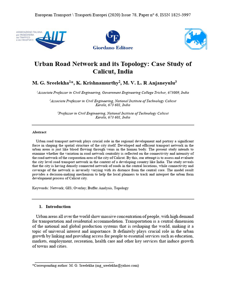 Urban Road Network and Its Topology Case Study of Calicut | PDF ...