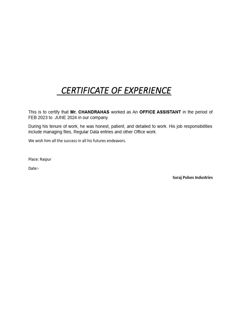 Certificate of Experience: Mr. Chandrahas Office Assistant | PDF
