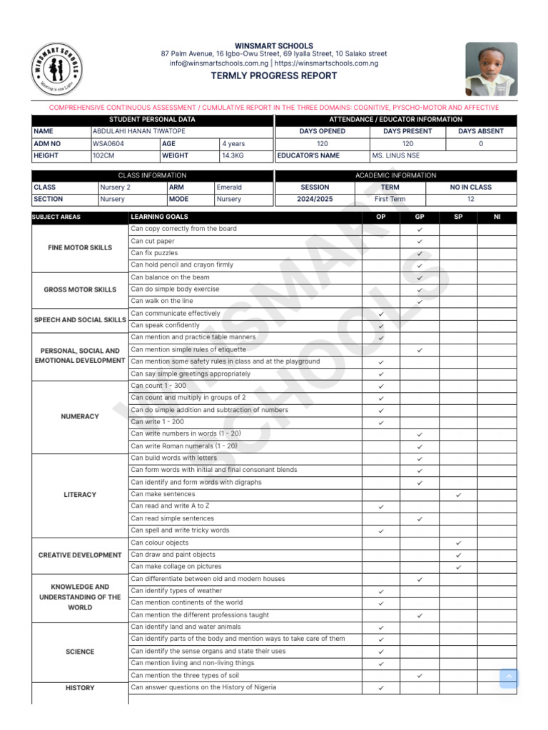 Nursery 2 Termly Progress Report | PDF | Cognitive Science | Learning