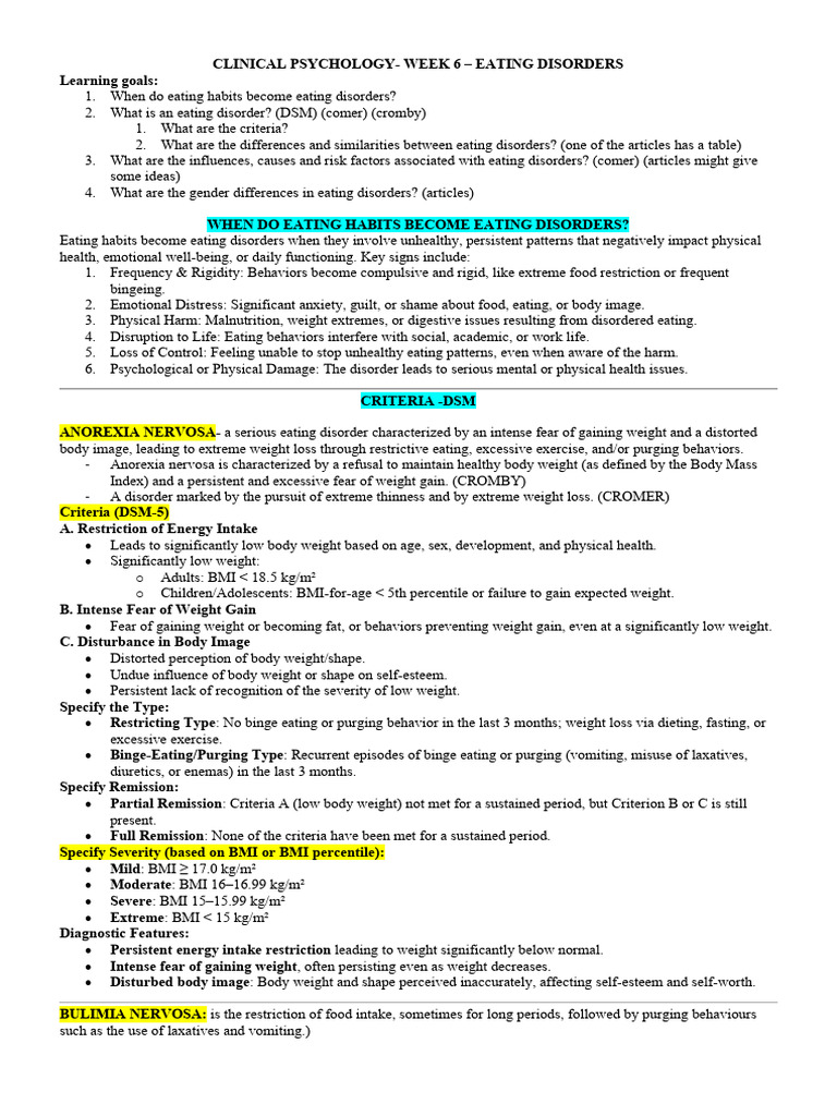 CLINICAL PSYCHOLOGY - Week 6 Eating Disorders | PDF | Eating Disorder ...