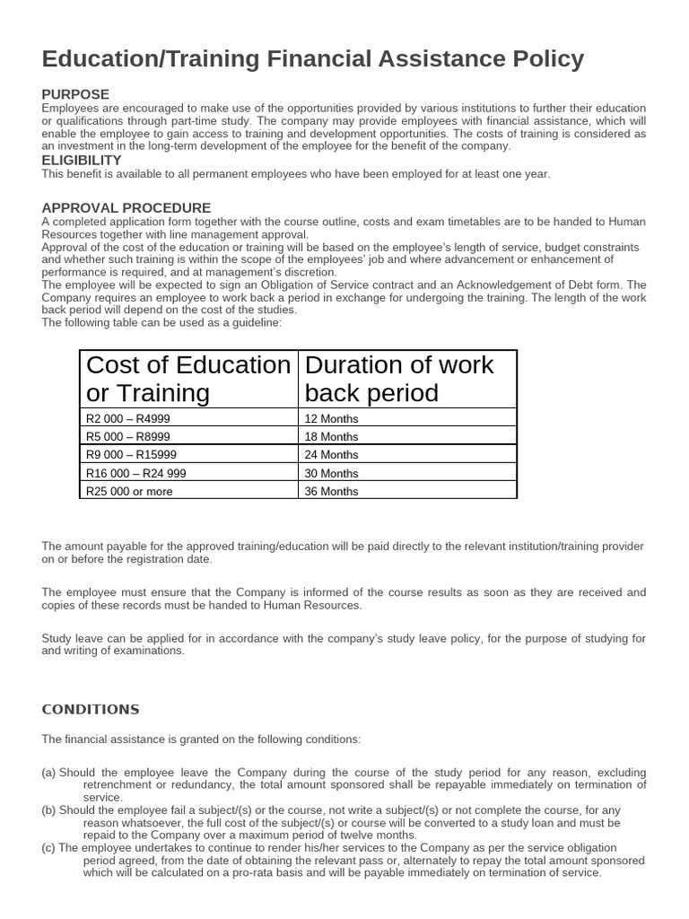 Employee Education Financial Assistance Policy | PDF | Employment ...